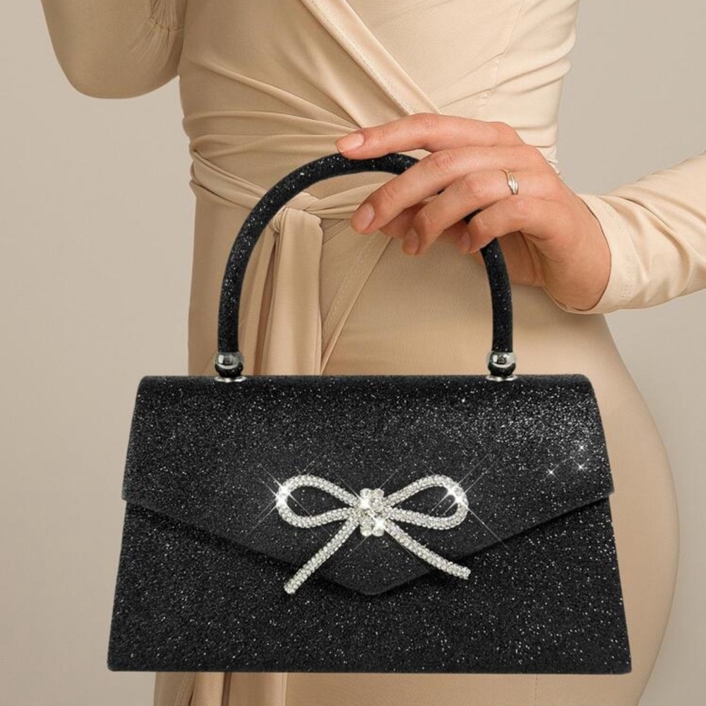 SHEIN Black Glitter Clutch with Bow Detail